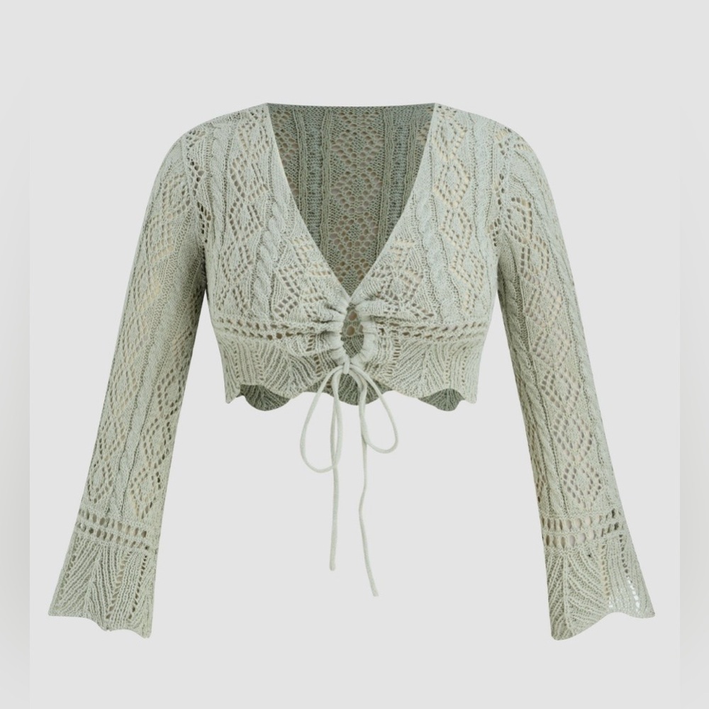 ‼️RARE‼️🎸CIDER🎸🔥NWT🔥Crochet Knit Tie Front Deep V Neck Sweater—S